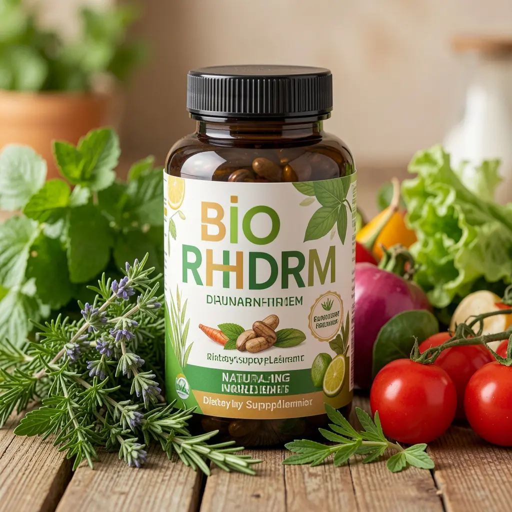 Bio Rhythm dietary supplement bottle with natural ingredients displayed alongside fresh herbs and vegetables